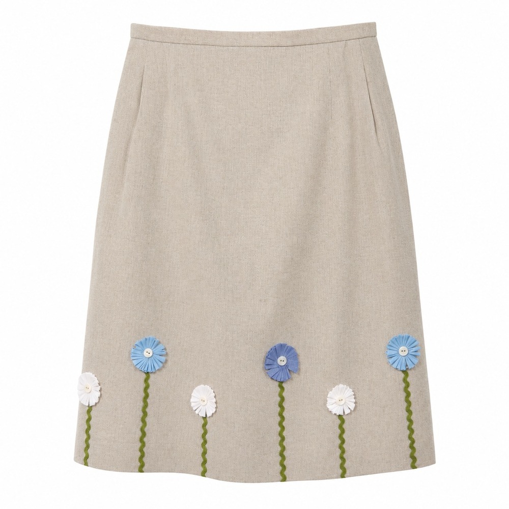 NWT Vintage Cottagecore Linen Blend Floral Applique Skirt Women Size 14 Fairy‎